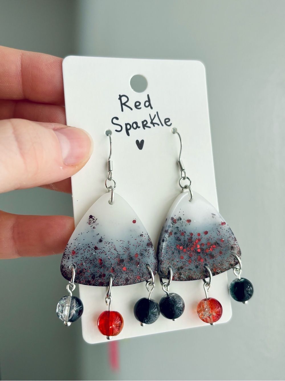 Red Sparkle Resin Triangle Earrings Handmade Red Black Glitter Beaded Dangles